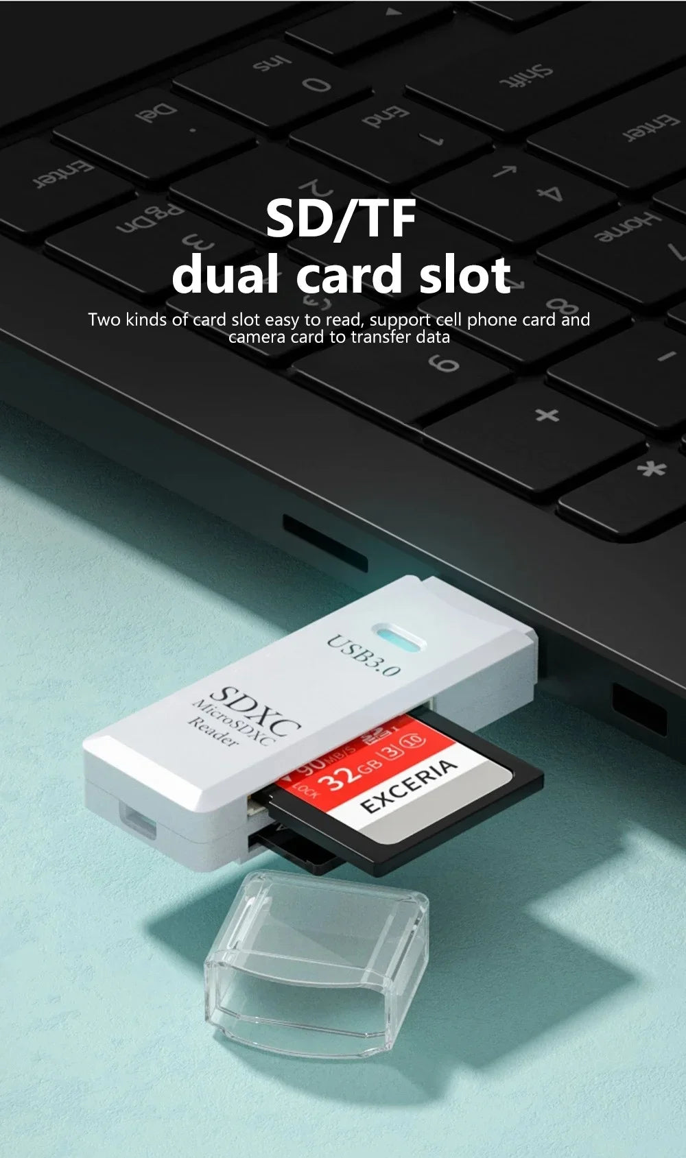 USB 3.0 SD TF Card Reader 2 in 1 High Speed Smart Cardreader Adapter for PC Laptop Notebook Computer Camera Car Mounted